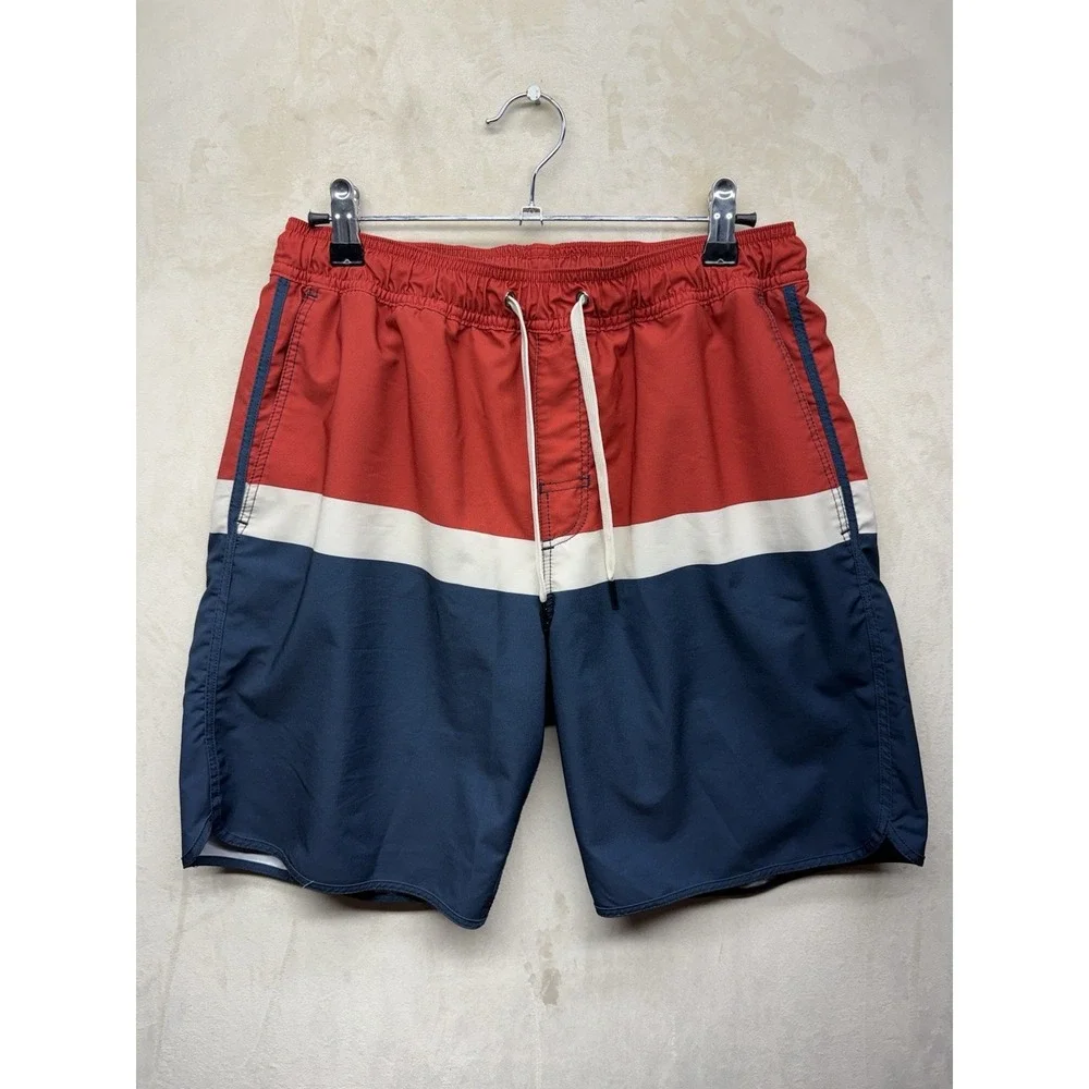 Fair Harbor The Anchor Swim Trunks Mens S Red Navy White Colorblock Lined Shorts